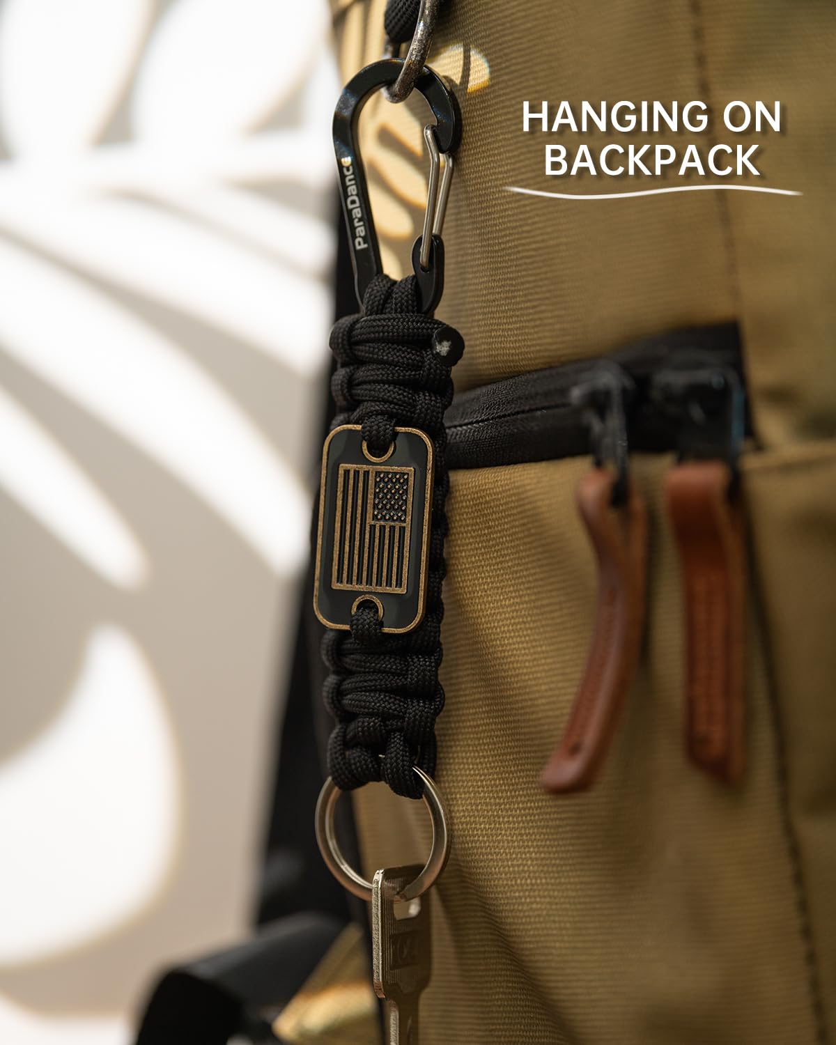 Paracord Keychain Carabiner with Cool USA Flag Men/Women, Military Braided Key Chain with Hook Clip Ring, Heavy Duty Key Lanyard for Car Keys/Backpack, Camping Hiking, 2-Pcs (2 * Black)