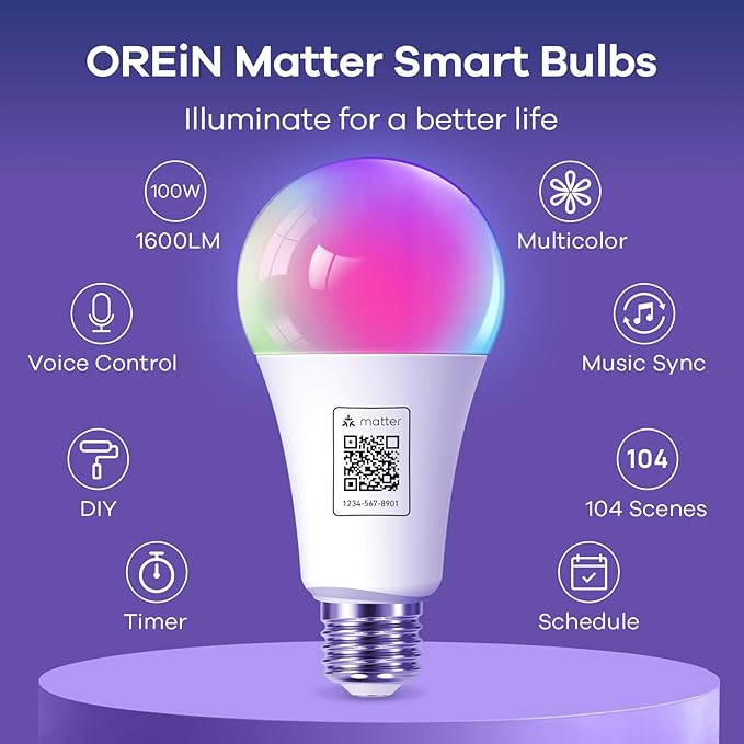 OREiN Matter Smart Light Bulb, 1600 Lumens 100W Equivalent Smart Light Bulbs, Color Changing Light Bulbs Work with Apple Home, Alexa, Google Home, SmartThings, A21 Smart Bulbs 2.4Ghz WiFi, 2Pack