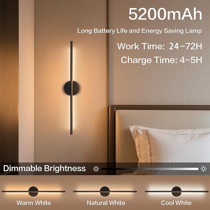 Rechargable Wall Sconce Set of Two, Modern Wireless USB Sconce Lights with Remote, 28.35Inch Dimmable Indoor Home Wall Decor Lights for Bedroom, Living Room, Hallway (Black/Round)