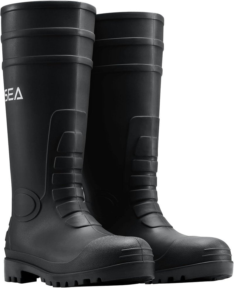HISEA Men's Steel Toe Rain Boots - Waterproof PVC Rubber Outdoor Work Boots | Durable Slip-Resistant Knee Design