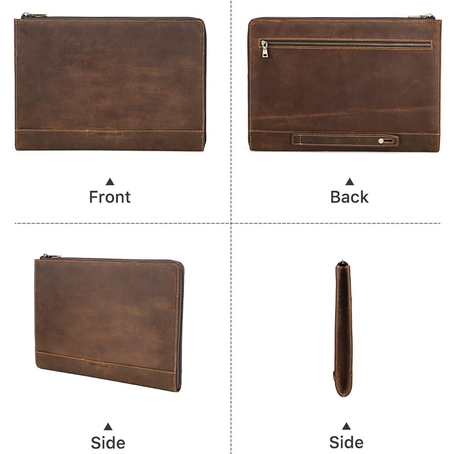CataPurus Top Grain Leather 14.2" Slim Laptop 90° Zipper Bag, Vintage Design, Handmade, Compatible with MacBook Pro/Air 14"/13.3"/13.6" 2021 2022 M1 Pro/M1 Max A2442 & Other Laptop, Coffee 14.2 Inch