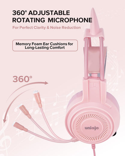 UNIOJO Upgraded Pink Gaming Headset for PS4, PS5, Xbox One, PC, Switch, Laptop, Mobile – Cat Ears, Noise-Canceling Mic, 7.1 Surround Sound, LED Light, Soft Memory Earmuffs for Ultimate Comfort