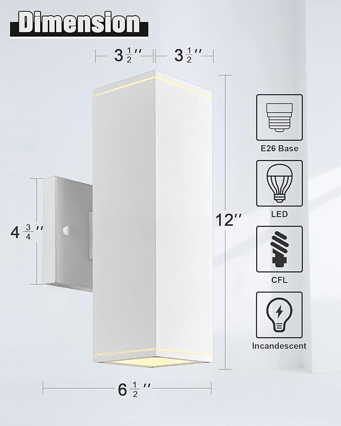 Ken & Ricky Outdoor Wall Sconces, Modern Up and Down Outdoor Light Fixture, Square Exterior Light Fixture with Sanded White Finish - 1 Pack