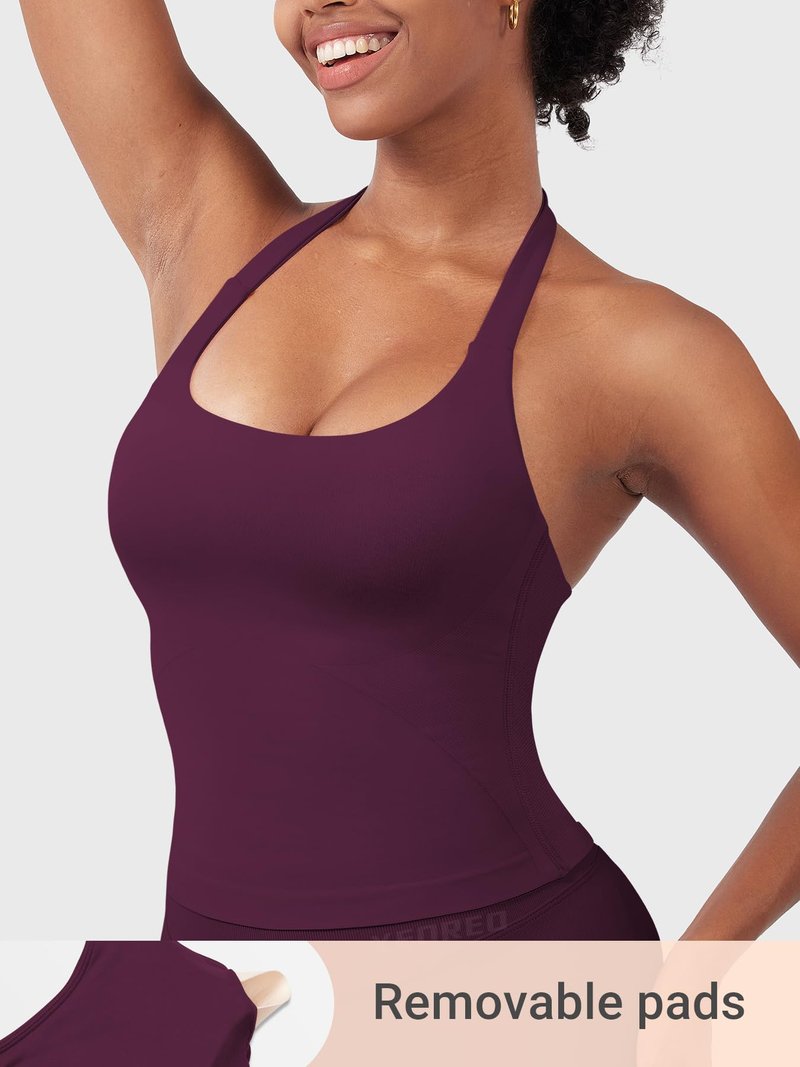 YEOREO SoftHue Women's Impact Halter Tank Top Longline Backless Scoop Neck Built-in Bra Sports Workout Gym Crop Top Jam Cherry S