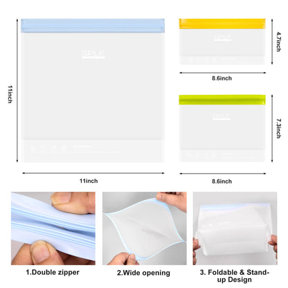 SPLF 10 Pack Stand-Up Reusable Food Storage Bags Dishwasher Safe, BPA Free Reusable Freezer Bags, Extra Thick Leakproof for Meal Prep, Sandwich, Bread, Veggies - 3 Gallon 4 Quart 3 Snack