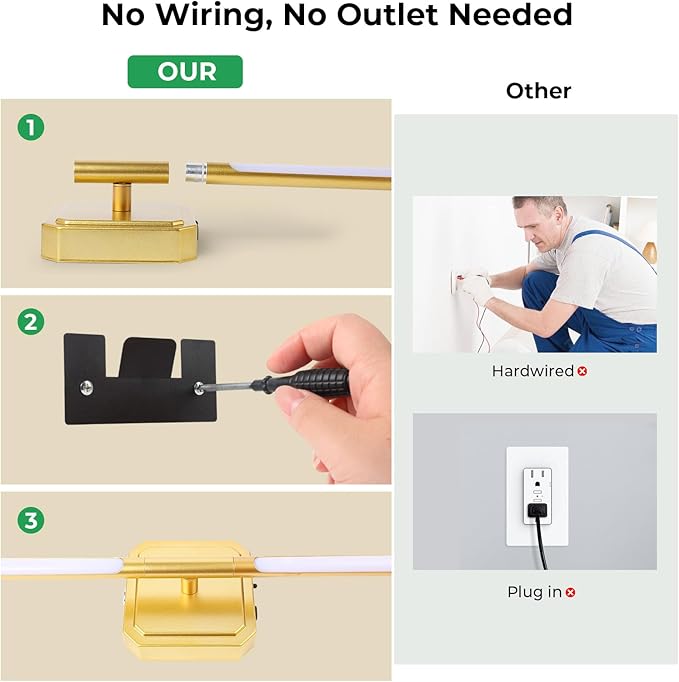 1 Pack 10000mAh Detachable Battery Operated Wall Sconce, 360°Rotate Wireless Wall Light,3000-6500K Dimmable, Rechargeable Wall Lamp for Bedroom, Living Room, 28.3 Inch Gold