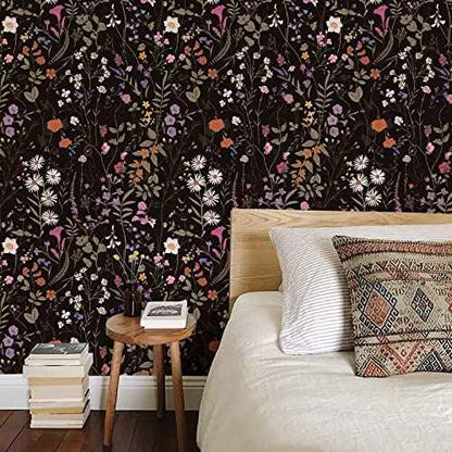 Floral Peel and Stick Wallpaper Blooming Black/Purple Flowers Self-Adhesive Wall Paper Removable Decorative Contact Paper for Bedroom Cabinet Living Room Decor 17.7" x 118",14.5 sq.ft/Roll