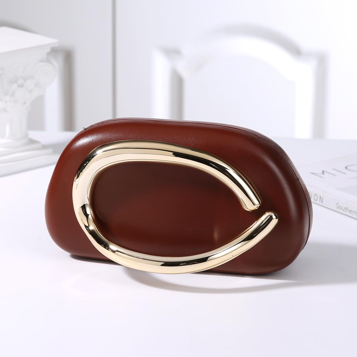 Dreubea Minimalist Gold-Tone Art Deco Clutch Bag – Elegant Metallic Accent Evening Handbag Purse for Women Coffee