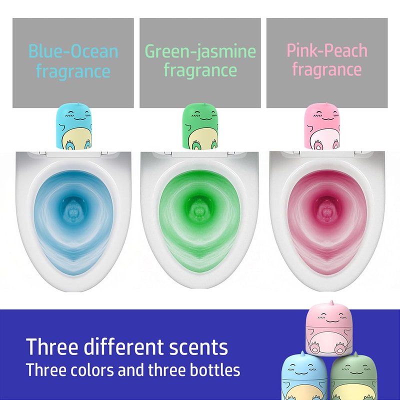 CloudMades Cute Dinosaur-Shaped Toilet Bowl Cleaner Bottle, Bathroom Toilet Tank Cleaner with Ocean, Jasmine, and Peach Scent,Three bottles can be used for 9 months (Ocean&Peach&Jasmine)