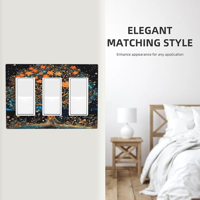 Magical Life Tree in Night Sky 3 Gang Rocker Triple Outlet Wall Plate Decorative Switchplate Cover Faceplate GFCI Light Switch Covers for Farmhouse Living Decor
