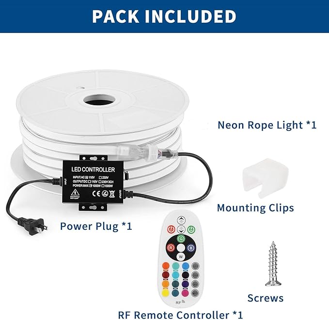 FORT AC110V 120V led Strip Lights RGB Led Neon Rope Light Driverless IP66 Waterproof Outdoor 144LEDs/m Dot Free Multicolor 32.8FT led Lights with Remote, Easy Installation ETL FCC