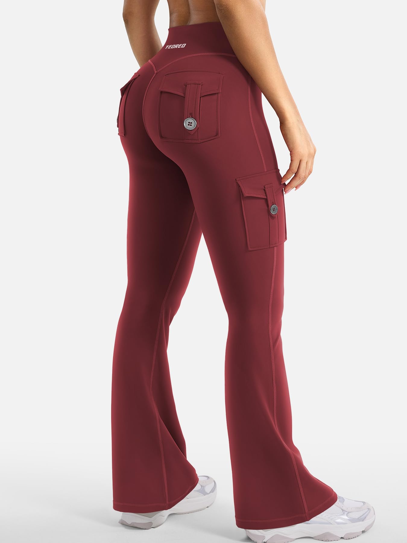 YEOREO CoreFlex Women Workout Flare Leggings with Pockets Hidden Scrunch High Waisted Cargo Gym Yoga No Front Seam Leggings Anchor Red XL