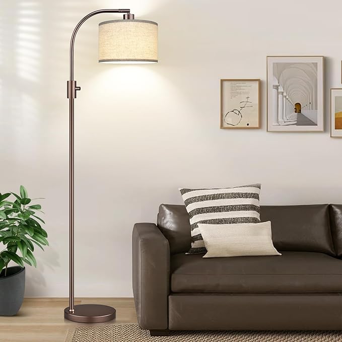 Upgraded Dimmable Floor Lamp, 1200 Lumens LED Bulb Included, Bronw Arc Floor Lamp with Linen Shade for Living Room, Bedroom, Reading Room, Nursery