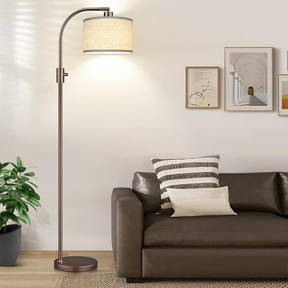 Upgraded Dimmable Floor Lamp, 1200 Lumens LED Bulb Included, Bronw Arc Floor Lamp with Linen Shade for Living Room, Bedroom, Reading Room, Nursery