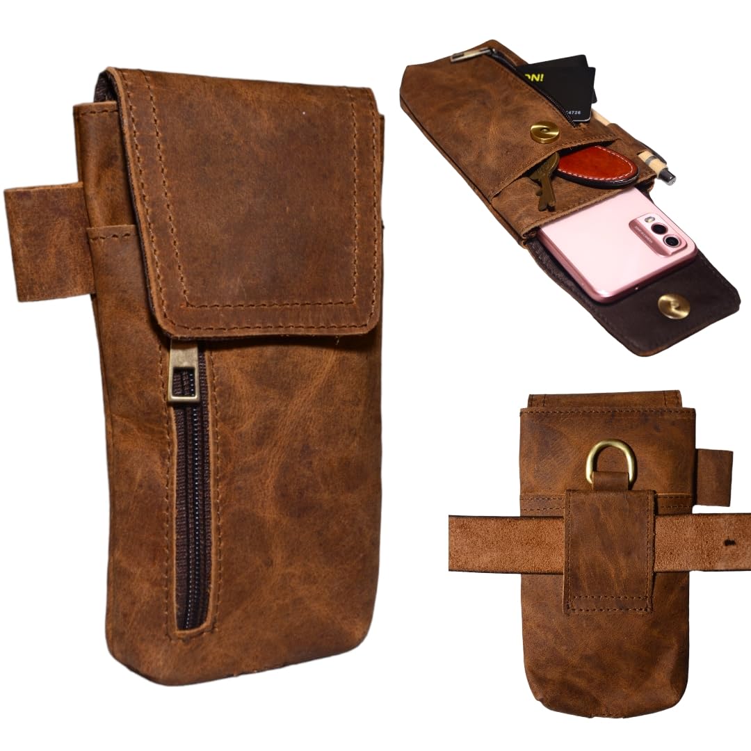 Leather Phone Holster – Genuine Full-Grain Buffalo Leather Cell Phone Holsters Holster for Large Smartphones Belt Holder - 7”H x 3.5" W