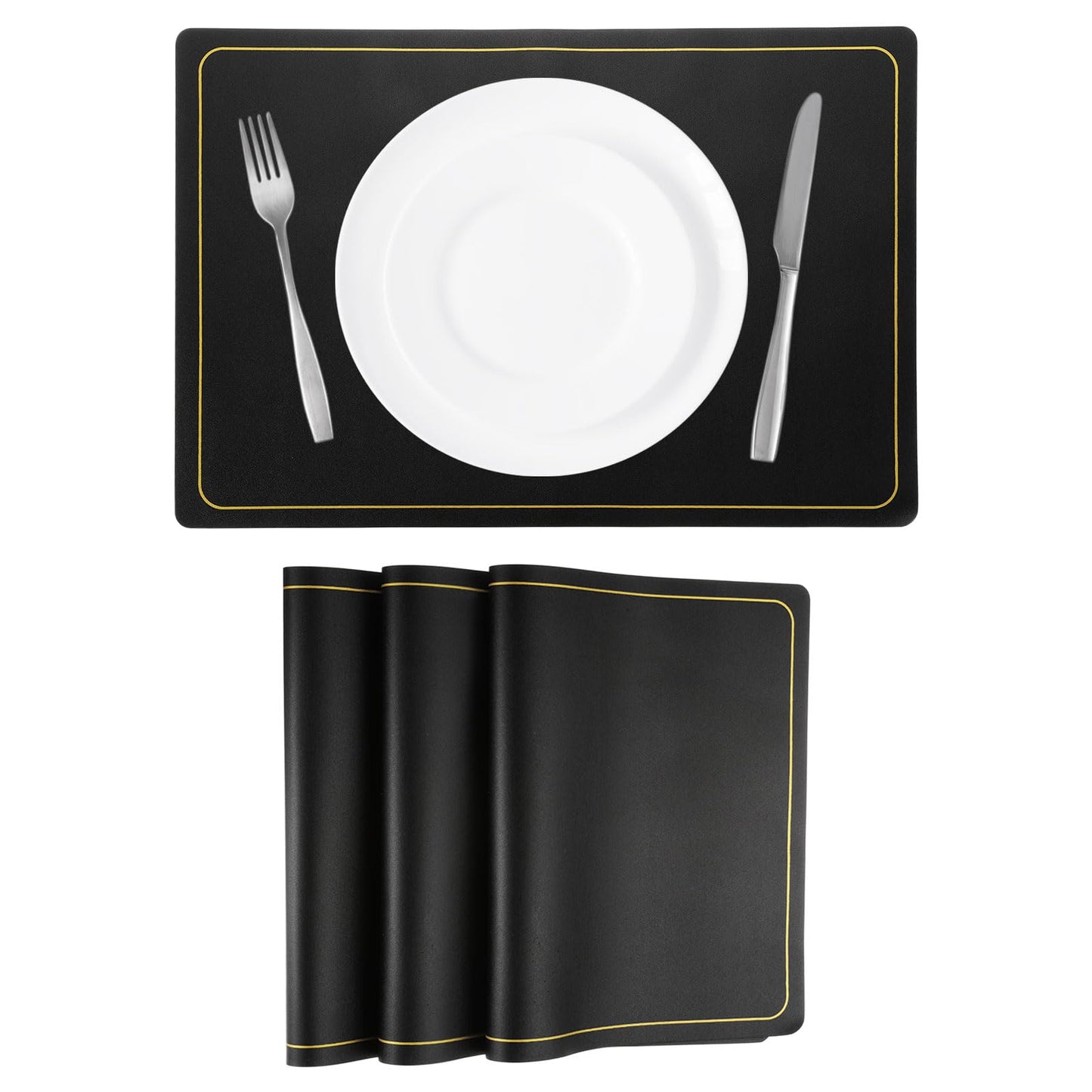 uxcell 4 Pcs Faux Leather Placemats, Black Gold Line, Heat Resistant, Waterproof, Oil Proof, Rectangle Table Mats (18 x 12 inches)