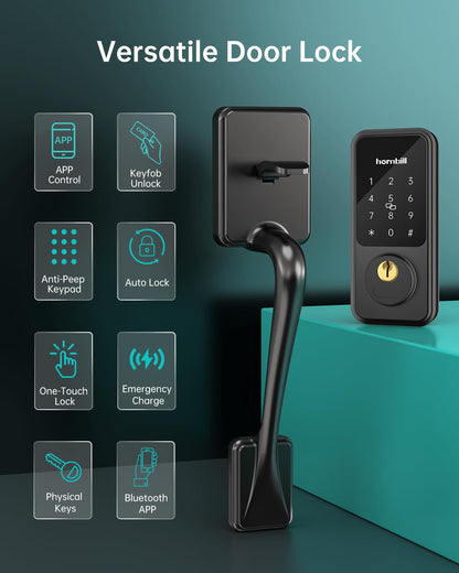Keyless Entry Door Lock with Handles, Hornbill Smart Front Door Lock Set, Alexa Front Exterior Door Set, Digital Touchscreen via Bluetooth APP/Keyfob/Key-Matte Black(Not Compatible Gram/Screen Door)