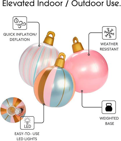 FUNBOY Giant Inflatable Light-Up Classic Pink Christmas Ornaments, 3 Giant Sizes 24'', 22'' and 16.5'' Indoor/Outdoor (3 Pack)