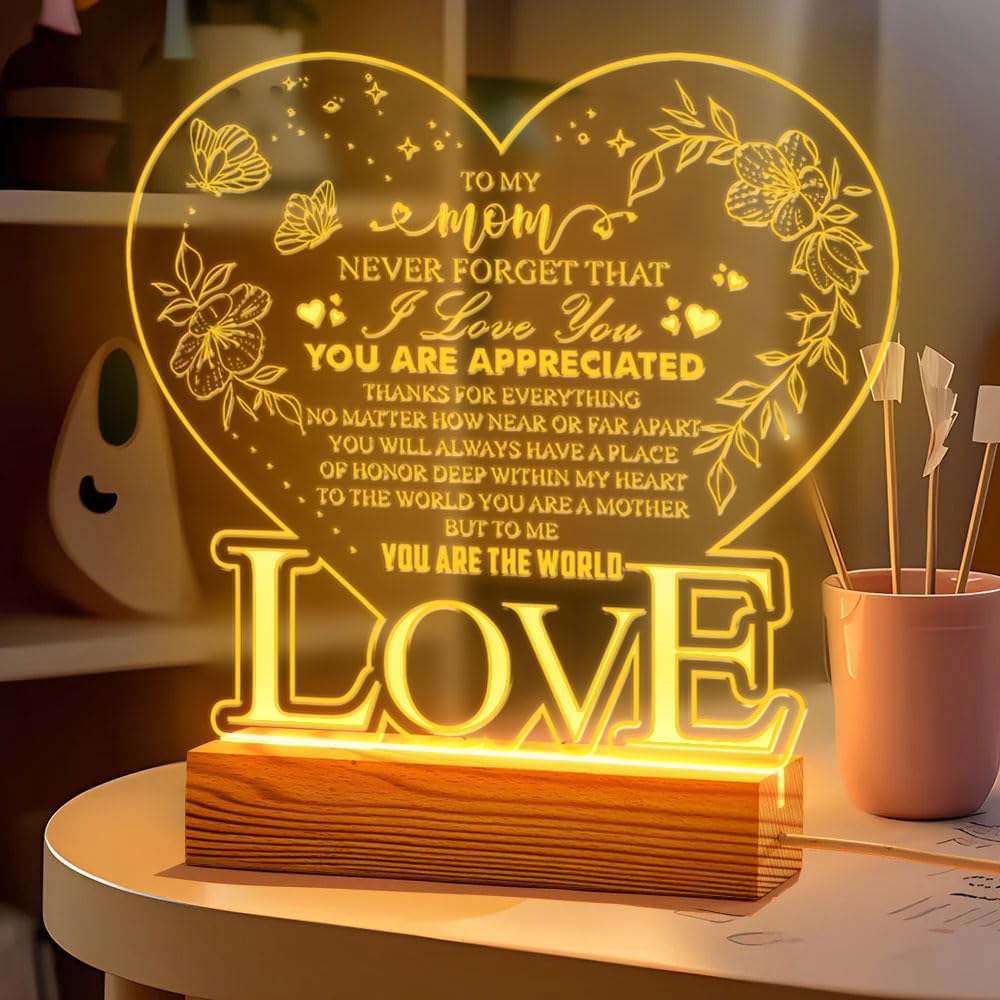 DongNaiWin to My Mom Never Forget That I Love You - Heart-Shaped LED Night Light for Mom - USB Powered Lamp with Engraved Love Message - Gift for Christmas Birthday, Home Decor