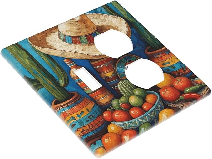 Decorative Art Light Switch Covers Mexican Sombrero & Serape Vibes 2 Gang Single Toggle Duplex Combination Electrical Faceplate Switchplate Wall Plate for Home Decor