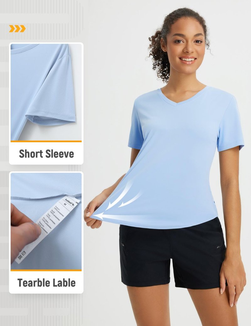 baleaf Women’s Sun Shirt Short Sleeve Lightweight Quick Dry UPF 50+ V Neck Loose Fit Workout Top Running Hiking Travel Light Blue L