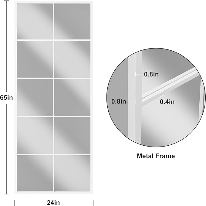 Full Length Mirror, 65"x24" Window Pane Mirror for Wall Decor, White Full Body or Wall Mounted Mirrors, Farmhouse Standing Mirrors Hanging or Leaning for Living Room, Entryway, No Stand