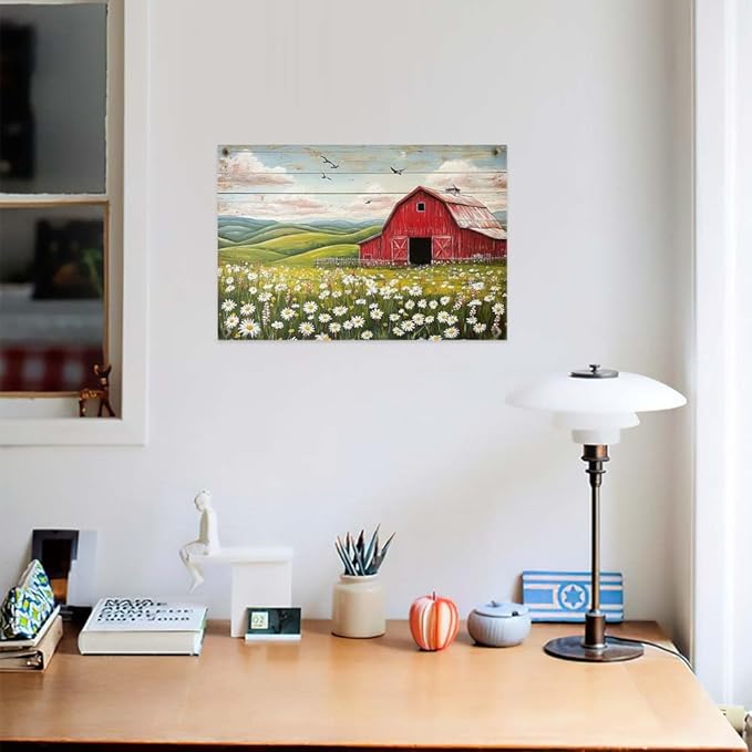 Yesad Country Red Barn Pictures, Daisy Canvas Wall Art Wildflower Meadow Poster Flower Print Rustic Farmhouse Decor Barn Painting Wall Decor Home Decoration for Living Room (Unframed,36”x24”,Barn2)