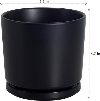 Ekirlin 5 inch Plant Pots,Ceramic Flower Planters Indoor,Modern Succulents Containers with Drain Hole Saucer,Decorate Home,Office & Outdoor (Black)
