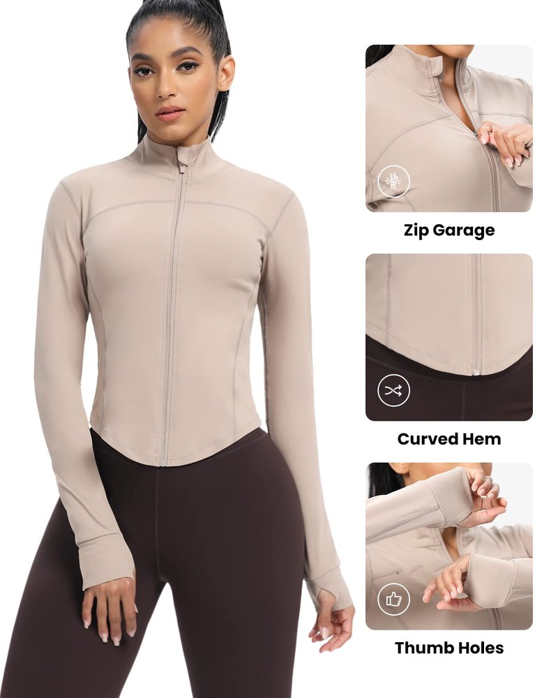 AVGO Women's Cropped Running Workout Jackets Zip Slim Fit Athletic Tops with Thumb Holes(Almond, M)