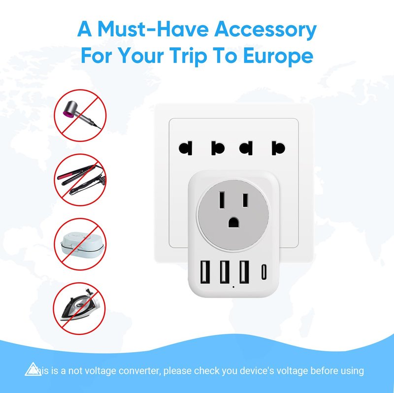 [2-Pack] European Travel Plug Adapter, RATEA International Power Plug Adapter with 3 USB Type A, 1 Type C Outlet Adaptor Charger for US to Most of Europe EU Spain Italy France Germany