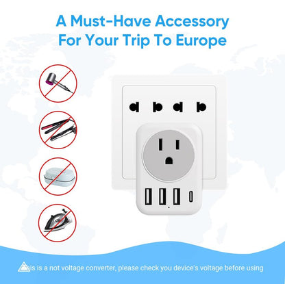 [2-Pack] European Travel Plug Adapter, RATEA International Power Plug Adapter with 3 USB Type A, 1 Type C Outlet Adaptor Charger for US to Most of Europe EU Spain Italy France Germany