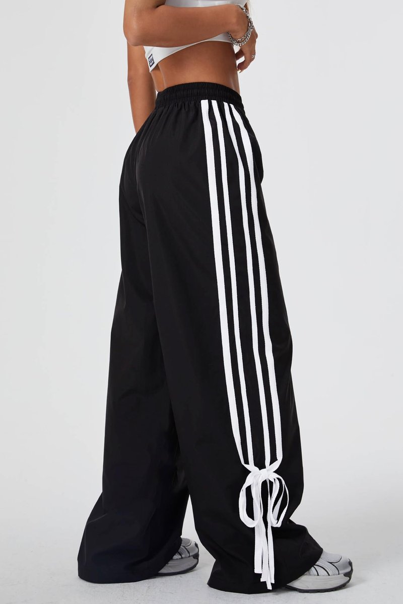 BEAUDRM Women's Y2K Baggy Bow Wide Leg Pants Striped Track Elastic Waist Long Sweatpants Parachute Pants Black and White Large