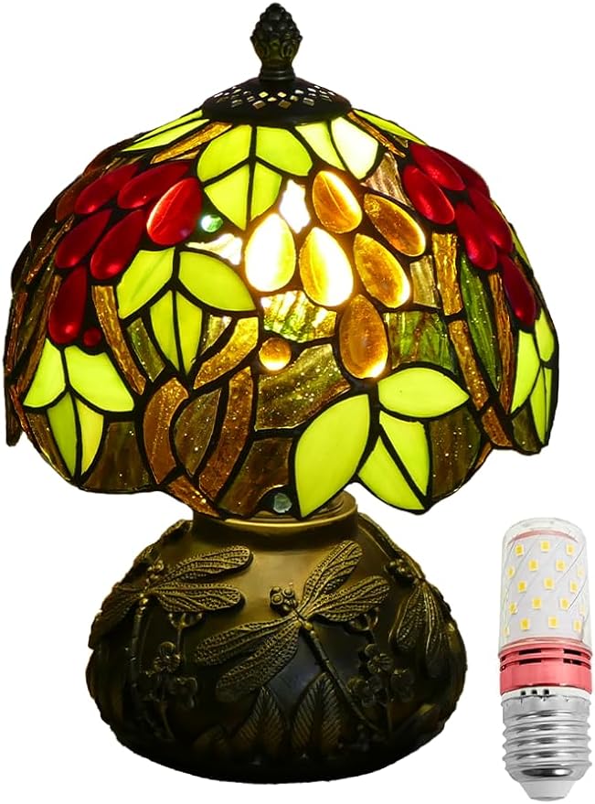 Small Tiffany Table Lamp Stained Glass Nightstand Lamps Bedside Purple Grape Desk Light for Office Bar Retro Bedroom Living Room,7.87 inch
