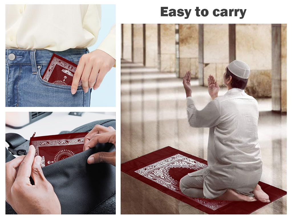 Abiyou 1 Piece Muslim Prayer Rug, Polyester, Portable Travel Prayer Mat with Compass, Red, 60CMx100CM