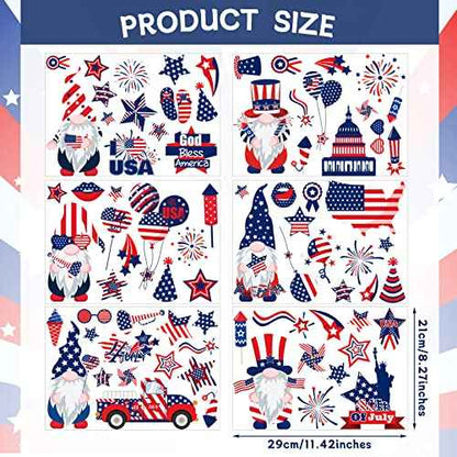 Patelai 6 Sheets 4th of July Decoration Patriotic Wall Stickers Independence Day Wall Decals American Flag Star Red White Blue Clings Memorial Day Window Clings for Patriotic Party Favors Decor(Gnome)