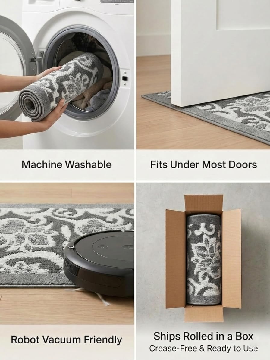 7 Ft Long Non-Slip Washable Carpet Runner Rug with Rubber Backing, Custom Floor Mat for Kitchen Hallway Stairs Bedroom Bathroom Entryway, Your Choice of Length, Lily Anthracite (26" X 7')
