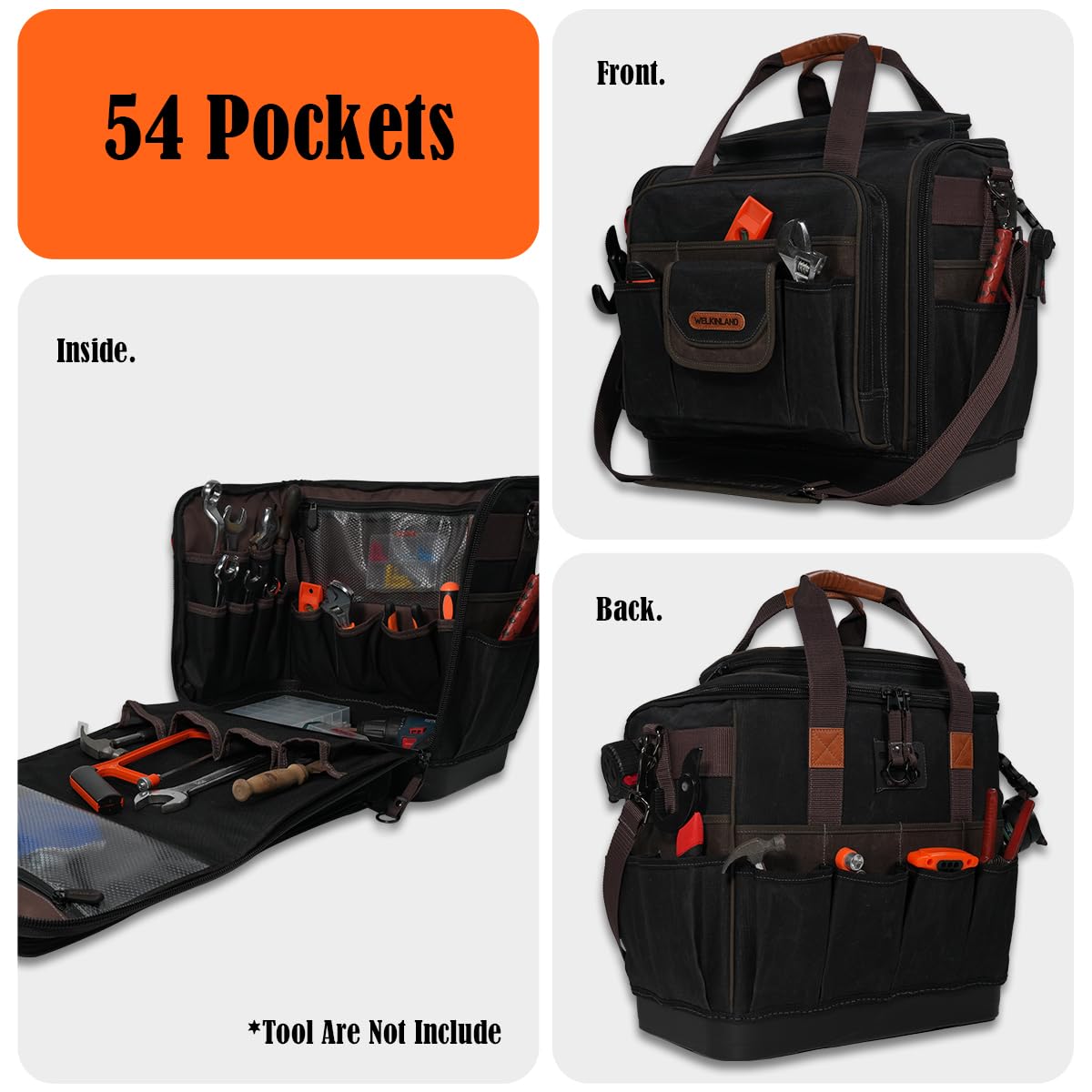 WELKINLAND 54Pockets Electrician Tool Bag, Heavy-Duty Hard Bottom Tool Bag, WaterProof Waxed Canvas Tools Bag, Technician Tool Bags, HVAC Tools Bag For professionals