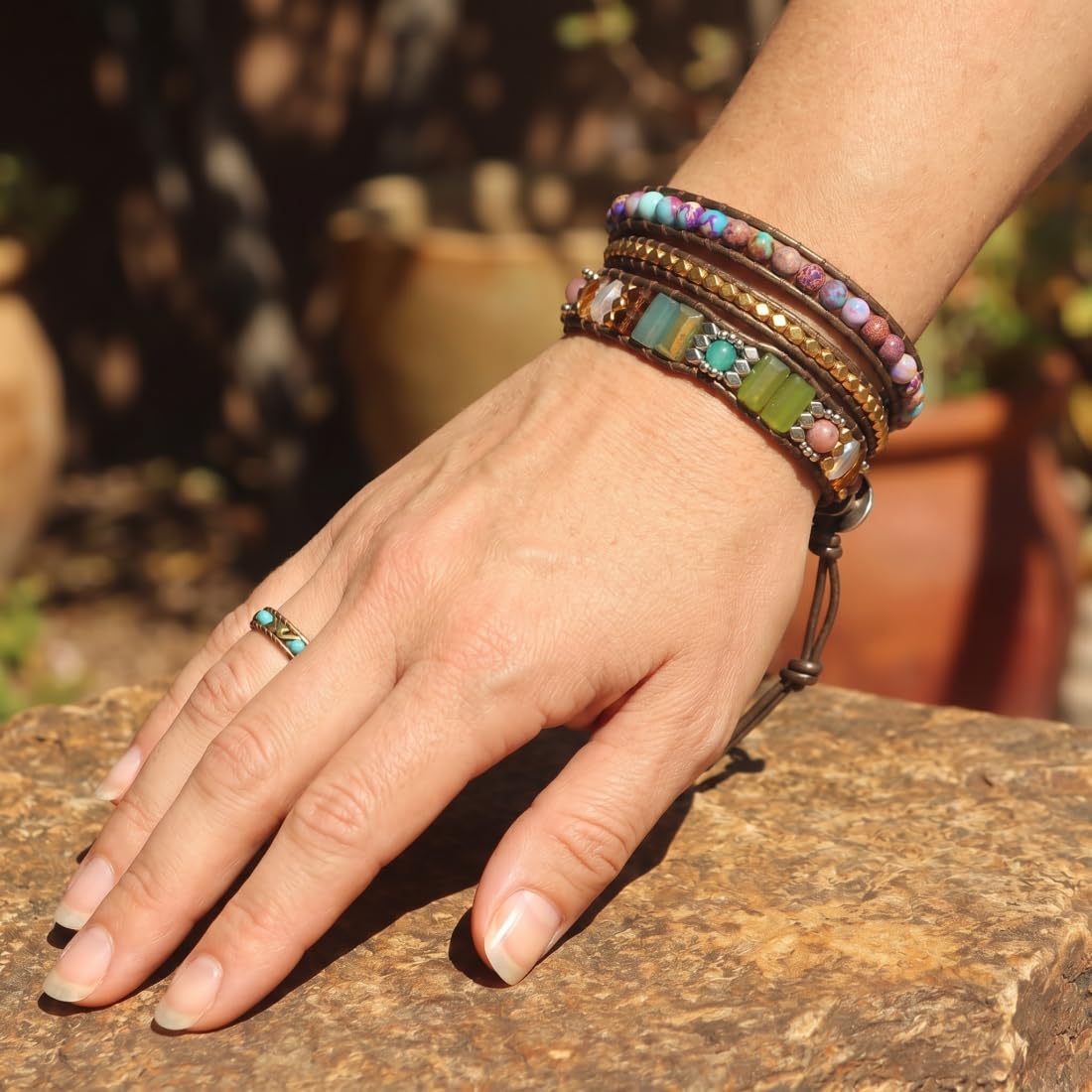 YGLINE Boho Handmade Wrap Leather Tube Crystal Stone Bracelet for Women (3 wrap-mix stone)