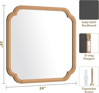 Ferytane Square Natural Wood Mirror 24X24 Inch,Wood Mirror for Bathroom Over Sink Rounded Corner Wooden Framed Mirror for Vanity, Entryway, Living Room Farmhouse, Tempered Glass (Natural Beech Wood)