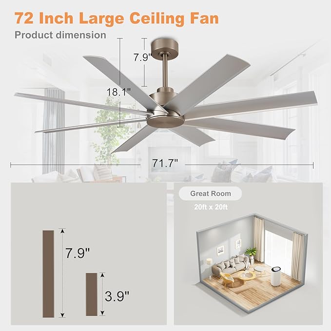Depuley 72-Inch Ceiling Fan No Light: 8-Blade Large Ceiling Fans with Remote Control - Ultra Quiet DC Motor Reversible Timer Brushed Nickel