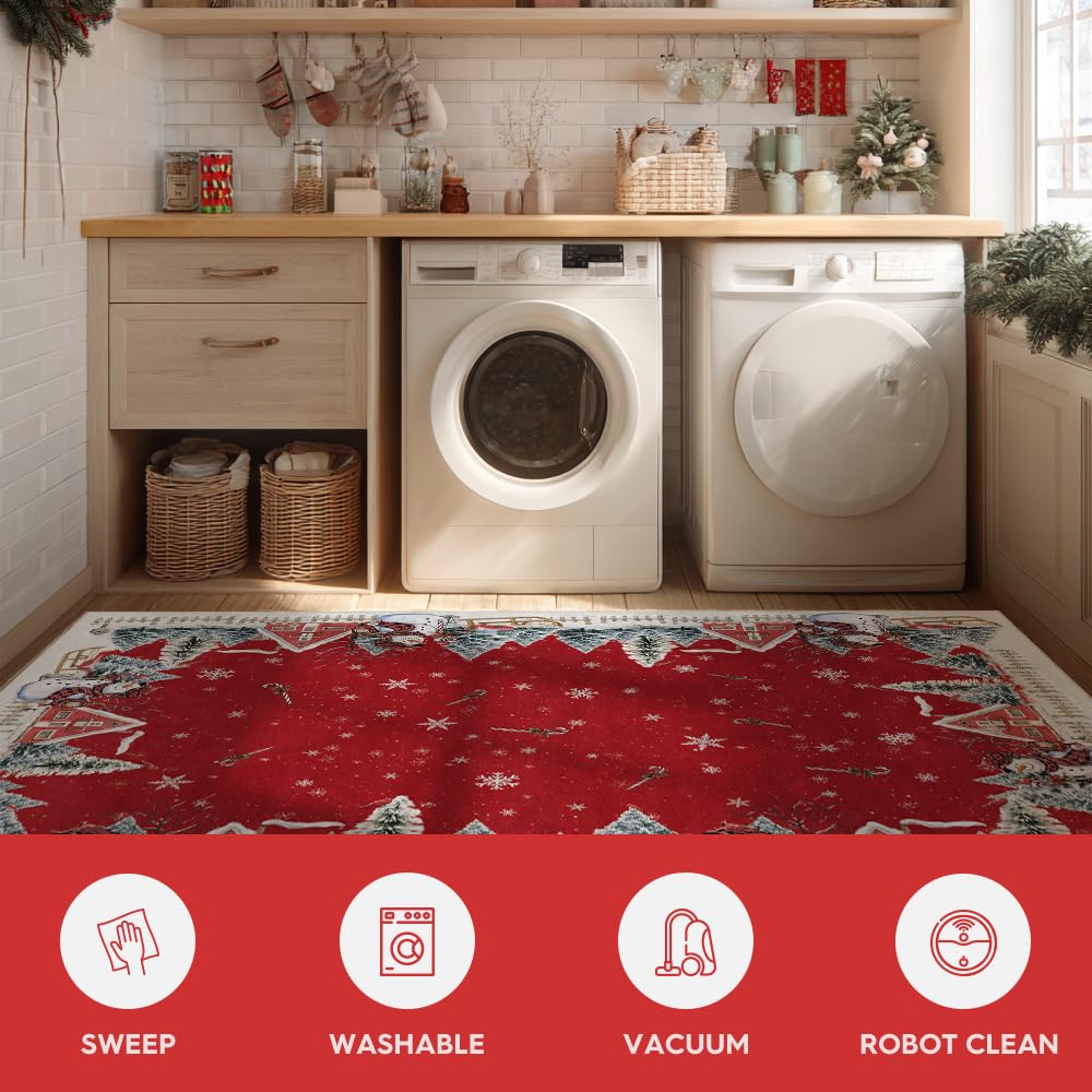 Artoid Mode Red Snowman House Pine Tree Christmas Area Rug, Xmas Winter Home Decor Low-Profile Washable Area Rugs for Entryway Bedroom Living Room Laundry Room Indoor 5x7 Feet