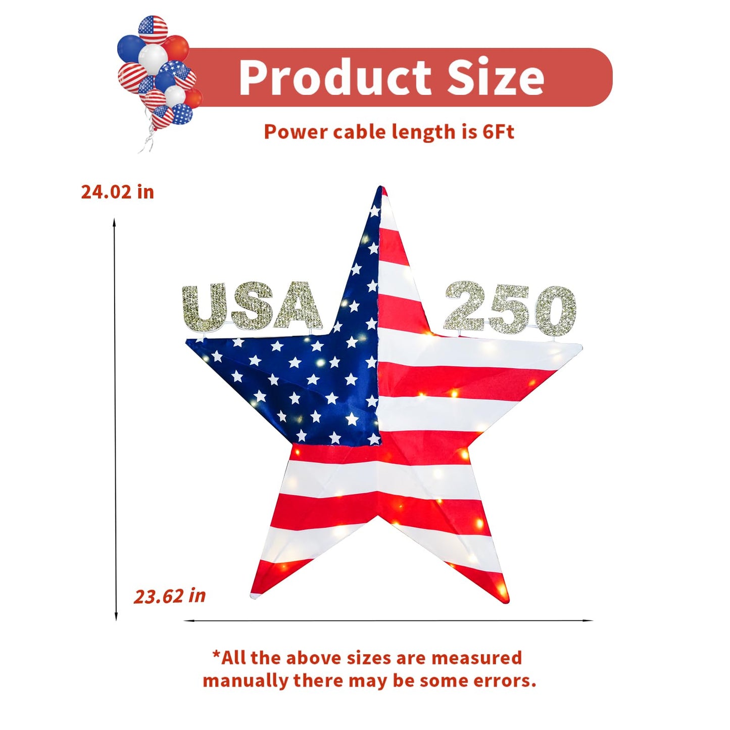 4th of July Decorations Light, USA 250 Lighted Patriotic Star with 38 Lights, American Flag Yard Decoration for Garden, Lawn, Porch, Red White and Blue Independence Day Decor