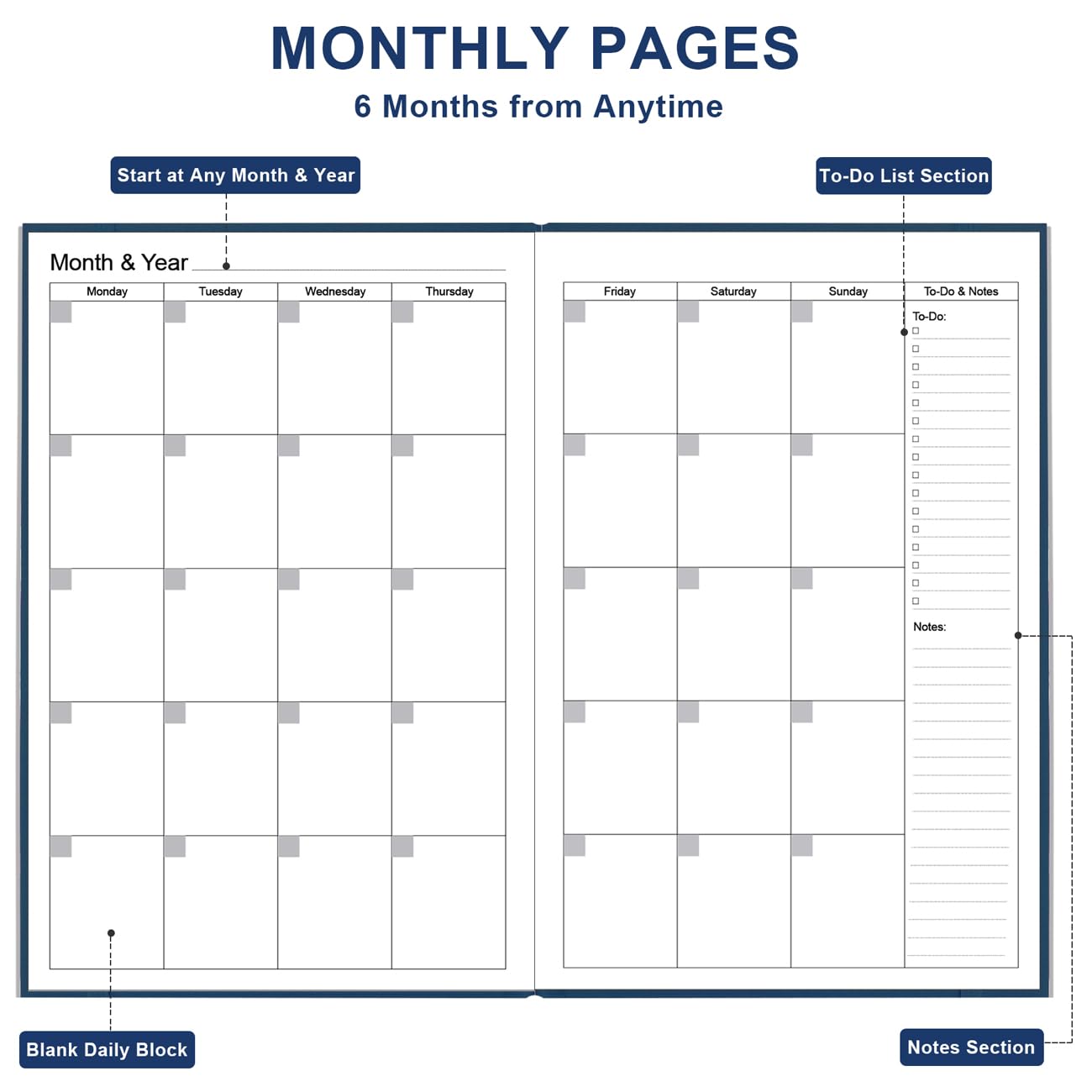 Daily & Monthly Planner for 2026 or Anytime - ADHD Planner Two Pages Per Day, Daily Planner Undated to Increase Focus, Eliminate Overwhelm, Achieve Your Biggest Goals, 5.8'' × 8.3'', Blue