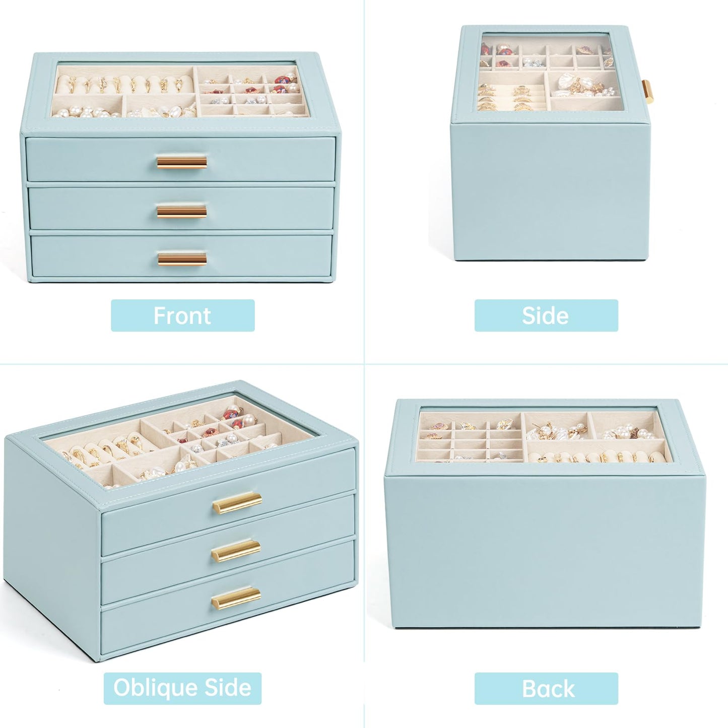 AKOZLIN Jewelry Box with Clear Lid Functional Leather Jewelry Storage Organizer Case 3 Drawers for Women Girls Necklace Ring Bracelet Earring