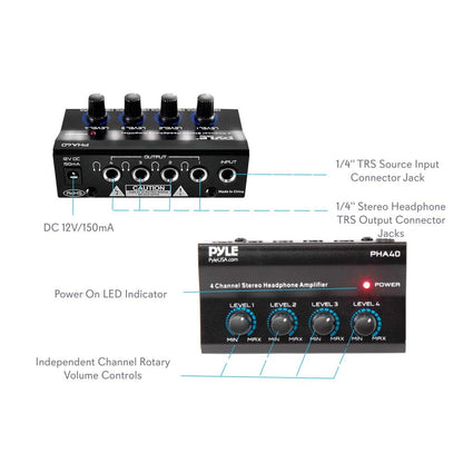 4-Channel Portable Stereo Headphone Amplifier - Professional Multi Channel Mini Earphone Splitter Amp w/ 4 ¼” Balanced TRS Headphones Output Jack and 1/4" TRS Audio Input For Sound Mixer - Pyle PHA40 BLACK