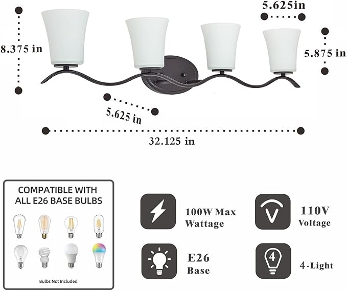 4 Light Bathroom Vanity Light Fixture, Oil Rubbed Bronze Vanity Light Fixtures with Milky White Glass Shade, Modern Bathroom Wall Sconces Lights Over Mirror