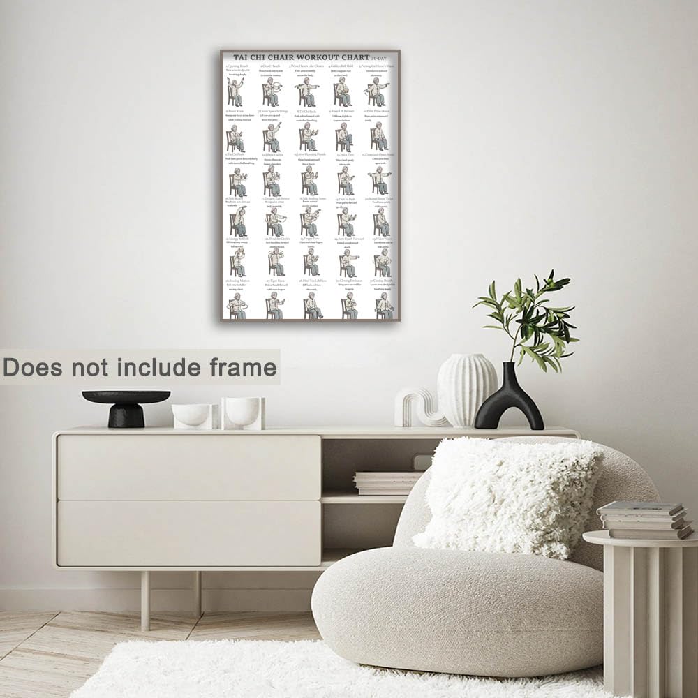 Tai Chi Chair Workout Chart Poster Print Seated Exercises for Beginners and Seniors Canvas Wall Art Home Gym Living Room Decor 12x18 Inch Unframed A