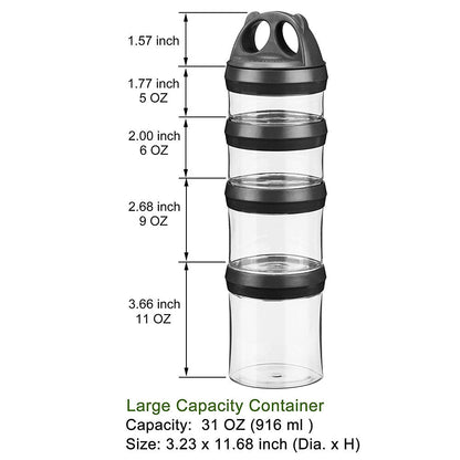 SELEWARE Portable Stackable Food Storage Containers for Snacks Formula Powder and Drinks Twist Lock System Airtight Leak-proof BPA and Phthalate Free 4 Piece Jars 31oz, Black
