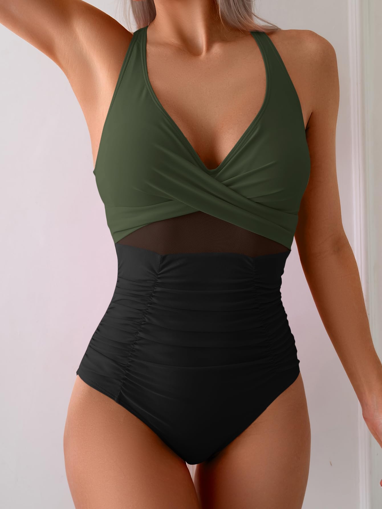 Eomenie One Piece Swimsuit for Women Tummy Control Mesh High Waisted Bathing Suit Wrap Tie Back Swimwear Army Green