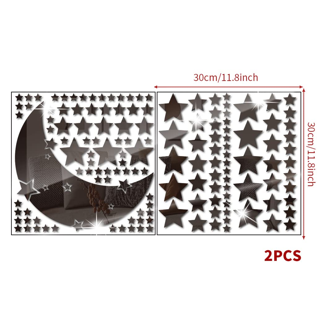 Moon Star Mirror Wall Stickers, 146 PCS Stars & Crescent Moon, 3D Art Decals for Baby Kid Bedroom & Living Room (Red)